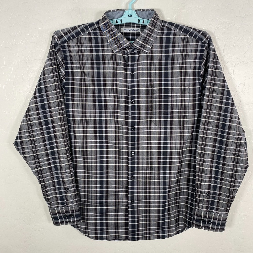 Tommy‎ Bahama Shirt Mens Large Black Button Up Cotton Silk Blend Long Sleeve